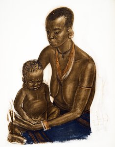 MGogo-kvinde med sit barn (Dodoma), fra Drawings and Paintings of Africa, henrettet under Citroen Centre Afrique-ekspeditionen, anden Haardt Audouin-Dubreuil-mission, pub. Paris, 1927 (farve li