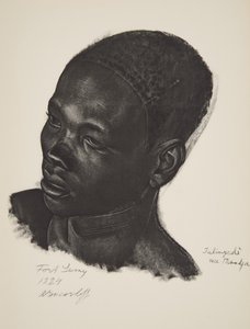 Ialingede, Mandja race. (Fort Lamy), fra Drawings and Paintings of Africa, udført under Citroen Centre Afrique-ekspeditionen, anden Haardt Audouin-Dubreuil-mission, pub. Paris, 1927 (farve oplyst