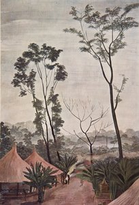 Un Village dans LOubangui - Chari, fra Drawings and Paintings of Africa, udført under Citroen Centre Afrique-ekspeditionen, anden Haardt Audouin-Dubreuil-mission, pub. Paris, 1927 (farve litho af Alexander Yakovlev