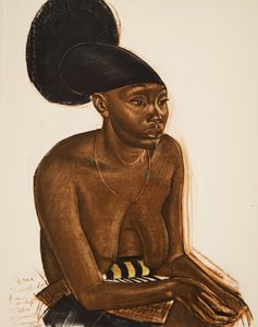 Uru, la Mangbeou (Niangara) haut Ouelle, fra Drawings and Paintings of Africa, udført under Citroen Centre Afrique-ekspeditionen, anden Haardt Audouin-Dubreuil-mission, pub. Paris, 1927 (farve af Alexander Yakovlev