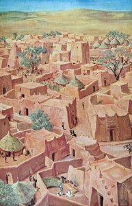 Zinder, fra Drawings and Paintings of Africa, udført under Citroen Centre Afrique-ekspeditionen, anden Haardt Audouin-Dubreuil-mission, pub. Paris, 1927 af Alexander Yakovlev