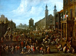 En markedsscene med gadeartister og andre figurer (olie på lærred) af Alexander van Bredael