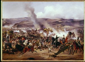 Napoleonskrigene: Slaget ved Kulm (nuværende Chlumec) i Bøhmen (Tjekkiet) den 30/08/1813 modsatte den franske hær en koalition af preussiske, østrigske og russiske tropper under det tyske felttog. Maleri af Alexander