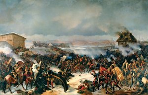 Slaget ved Narva, 19. november 1700. Episode af den store nordlige krig (1700-1721) mellem Sverige og alle de baltiske lande, Danmark, Polen og Rusland. Maleri af Alexander (Alexander) von Kotzebue (1815-1889), olie på lærred