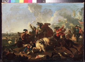 Scene fra slaget ved Poltava (eller Pultawa, Ukraine) (Scene fra slaget ved Poltava). Slaget som fandt sted den 8. juli 1709 mellem hæren af ​​Peter I af Rusland (kendt som Le Grand