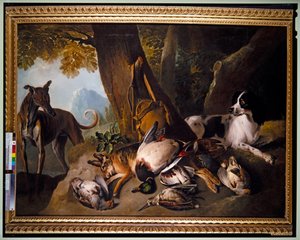 Hunde og vildt i landskab (olie på lærred) af Alexandre Francois Desportes