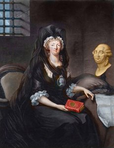 Portræt af Marie Antoinette (1755-1793) i dyb sorg i templets fængsel (eller "" Marie-Antoinette ved Conciergen, i sorg, med en cameo, vedhæng, der portrætterer Dauphinen, der bærer et liv af Mary, dronningen af Skotten , en buste af Luis XVI og Te af Alexandre (after) Kucharski