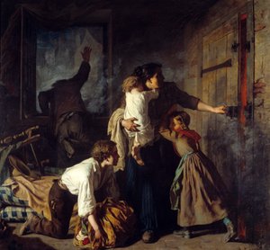 Brandsted. En familie, der sidder fast i deres lejlighed, forsøger at undslippe bygningens brand. Familiefaderen tilkalder hjælp fra vinduet. Maleri af Alexander Antigna (1817 - 1878)