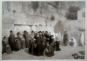 Jødedom: "" Salomons mur""" Mænd og kvinder af jødisk religion beder foran Grædemuren. Før 1857. Tegning af Alexandre Bida (1823-1895), vask, pen og blyant på papir, Dim. 0,61x0,87 m Malmaison, slottets museum