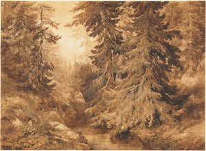 En gammel fyrreskov med en bjergstrøm af Alexandre Calame