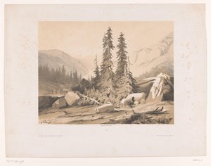 Bjerglandskab med grantræer og bjerggeder Sapins (titel på objekt) af Alexandre Calame