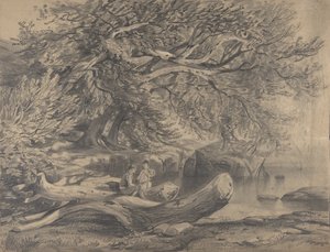 To mænd hviler ved en sø recto..., tidligt til midten af det 19. århundrede. af Alexandre Calame