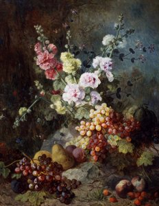 Stilleben med blomster og frugt med vindruer, pærer, blommer og hindbær. Maleri af Alexandre Couder (1808-1879) Privat samling. af Alexandre Couder