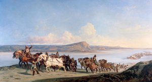 Fastgørelse af heste, der trækker både ned ad Rhone, c1825-1870 af Alexandre Dubuisson