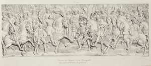 Møde mellem Francois I og Henrik VIII på Guldklædets Mark efter det udskårne stenrelief i Hotel de Bourgtheroulde, Rouen, Normandiet, 1501-37, graveret af Godefroy Engelmann (1788-183) af Alexandre Evariste Fragonard