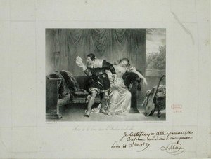 Brevscenen fra operaen Barberen i Sevilla af Rossini, graveret af Villain de Sevres af Alexandre Evariste Fragonard
