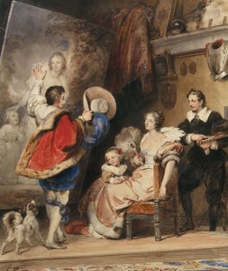 Ung mand beundrer et portræt af en dame og hendes lille datter af Alexandre Evariste Fragonard