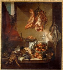 Et køkkeninteriør-stilleben af vildt, frugt og kød. Maleri af Francois Desportes (1661-1743) Chalons sur Marne fra det 18. århundrede, Musee des Beaux Arts