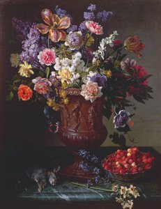 Blomster i en skulptureret urne med en skål med vilde jordbær og hare på en afsats, 1715 af Alexandre Francois Desportes