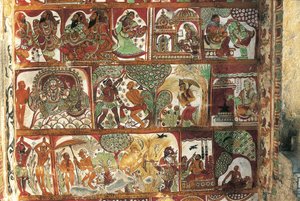 Fresker, der skildrer Shivas liv i helligdommen for Parvati, Nataraya-templet, Chidambaram, Tamil Nadu, Indien, 5. århundrede af Nicolas Toussaint Charlet