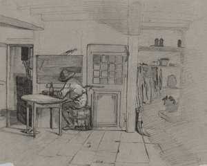 Et stuehusinteriør med en dreng ved et bord, ca. 1846. af Alexandre Gabriel Decamps