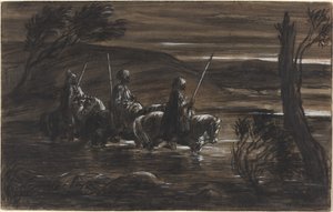 Tre arabiske ryttere krydser en flod af Alexandre Gabriel Decamps