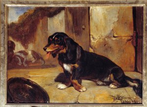 En bassethund ""Jaghunde i hvile"" Maleri af Alexandre Gabriel Decamps (1803-1860) 1834 Dim 0,48x0,35 m Paris, Louvre museum