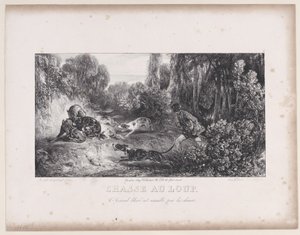Wolf Hunt: Wounded Animal Attacked by Dogs, fra serien Hunting Scenes, 1829. af Alexandre Gabriel Decamps