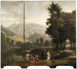Et arkadisk landskab med jomfruer, der samler blomster ved en flodbred, et slot på en bakketop bagved, 1801