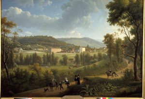 Udsigt over landsbyen Jouy en Josas (Jouy-En-Josas) med fabrikken grundlagt i 1785 af Oberkampf (1738 - 1815). Maleri af Alexandre Dunouy (1757-1841)