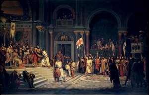 Første korstog: "" Godefroy (Godefroi) af Bouillon (1061-1100), hertug af Nedre Lorraine, der agerer troskab til den byzantinske kejser Alexis Comnene, i Konstantinopel