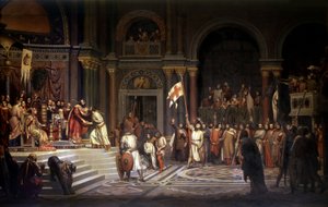 Godfrey af Bouillon modtaget af Alexis Comnene, kejser af Konstantinopel, i 1097 under forsvaret af byen mod tyrkerne under det 1. korstog i 1096-1099, 1842