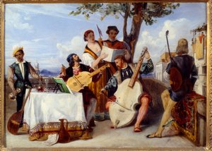 De venetianske koncertmusikere (cello, lut, violin) og sangere på en terrasse betjenes af en sort tjener. Maleri af Alexandre Hesse (1806-1879) 1800-tallets Nantes, Museum of Fine Arts