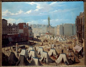 Troppelejr på Boulevard du Temple i juni 1848. Udsigt over Paris under revolutionen i 1848. Maleri af Alexandre Josquin (1800-tallet). Olie på lærred. Mål: 0,64 x 0,81 m. Paris, Musee Carnavalet - Troppernes lejr på Boulevarden af Alexandre Josquin