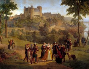 Udsigt over slottet Pau, hvor Henrik IV blev født, taget fra den store park. Detalje, der repræsenterer en gruppe mennesker, der sandsynligvis består af Jeanne d