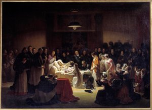 De sidste øjeblikke af hertugen af Berry (1778 - 1820) i Paris Opera omgivet af Ludvig XVIII og den kongelige familie. Maleri af Alexandre Menjaud (1773 - 1832) af Alexandre Menjaud