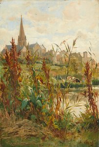 Kirke ved floden (olie på lærred) af Alexandre Nozal