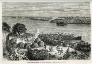 Lejren befæster ekspeditionen for at beskytte sig mod kannibalerne Mouana Ntaba, nær floden Leopold (Congo), tegnet af A.De Bar, for at illustrere historien "Over det mystiske kontinent", en rejse foretaget mellem 1874-1877, af Sir HM Stanley. Engravin