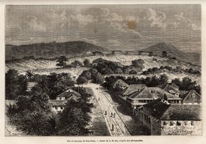 Rue et barack de Freetown, Sierra Leone, gravering efter tegningen af A. de Bar, der illustrerer rejsen til Côte d
