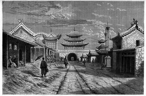 Udsigt fra en gade ved "Youn Tchen Sian", Kina. Gravering efter en tegning af A. de Bar, i "Le Tour du Monde, Nouveau journal des Voyages", redigeret af Edouard Charton, Paris