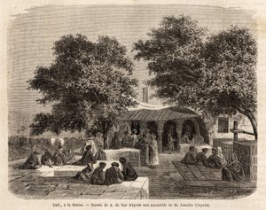 Udsigt over en cafe i La Marsa (Tunis), tegning af A.de Bar, for at illustrere en tur til Tunis, i 1859, af Amable Crapelet. Indgravering i "" Le tour du monde"", redigeret af Edouard Charton
