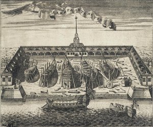 Udsigt over Admiralitetsskibsværftet i St. Peterburg, 1717 af Alexei Ivanovich Rostovtsev