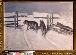 Ulve, vinternat (Wolfs, Winter Night) - Maleri af Alexei Stepanovich Stepanov (1858-1923), olie på lærred, ca. 1910, russisk kunst, tidligt i det 20. århundrede - Privat samling