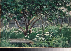 Et hjørne af haven - Værk af Alexei Stepanovich Stepanov (1858-1923), olie på pap