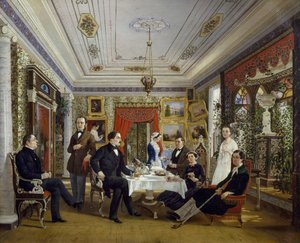 Familien Tarnovskj drikker te ved bordet af Alexei Yakovlevich Voloskov