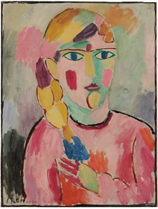 Pige med blå øjne og en hestehale; Pige med blå øjne og en pigtail, ca. 1916 af Alexej von Jawlensky