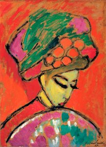 Ung pige med en blomstret hat - Maleri af Alexei von Javlensky (1864-1941) olie på pap, 67,5x49 cm af Alexej von Jawlensky