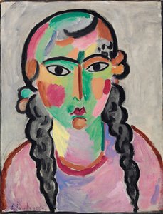 La fille pale aux tresses grises - The Pale Girl with Grey Pigtails, af Alexej von Jawlensky (Javlensky) (1864-1941). Olie på papir, ca. 1916. Mål : 63,5x49,5 cm. Privat samling af Alexej von Jawlensky