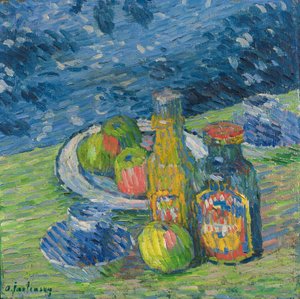 Stilleben med flasker og frugt af Alexej von Jawlensky