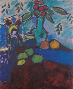 Stilleben med omvendt glasmaleri, grøn vase og frugt af Alexej von Jawlensky